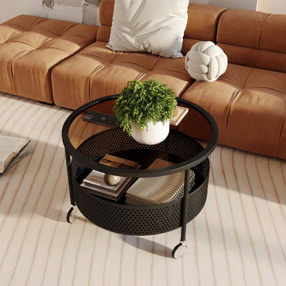 Nordic Cream Iron Glass Coffee Table 2-Tier — White Base + Tea Color Glass