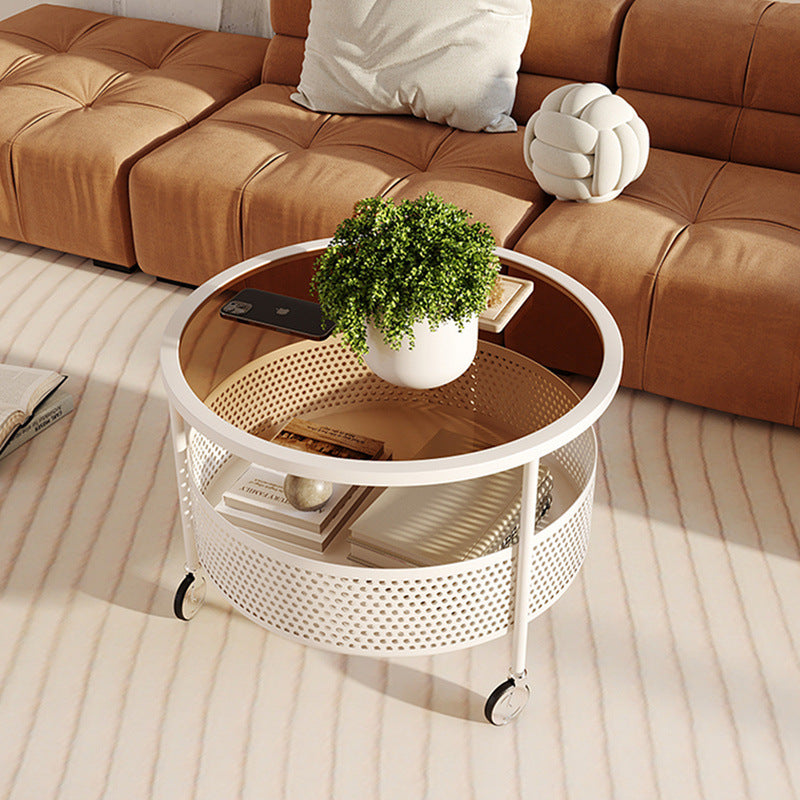 Nordic Cream Iron Glass Coffee Table 2-Tier — Black Base + Frosted Stripe Glass