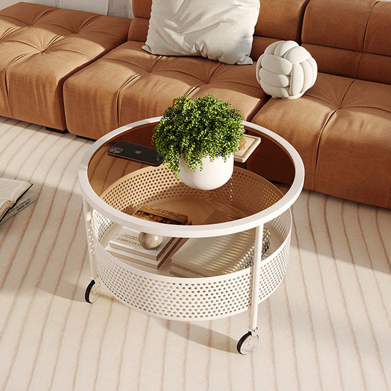 Nordic Cream Iron Glass Coffee Table 2-Tier — Black Base + Frosted Stripe Glass