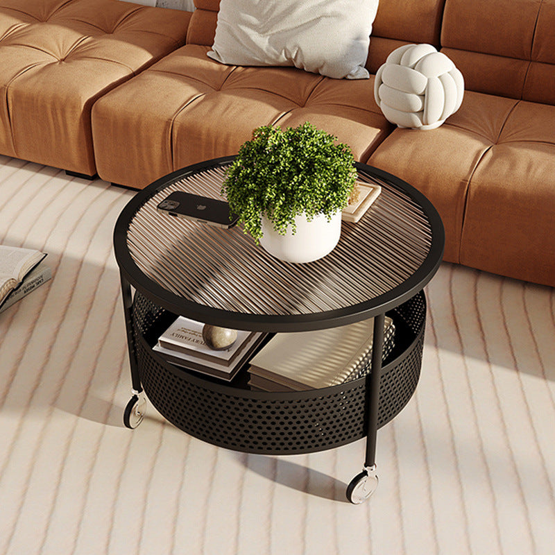 Nordic Cream Iron Glass Coffee Table 2-Tier — Black Base + Frosted Stripe Glass