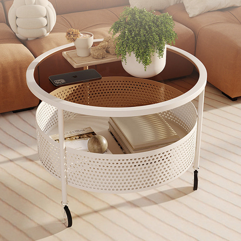Nordic Cream Iron Glass Coffee Table 2-Tier — Black Base + Tea Color Glass