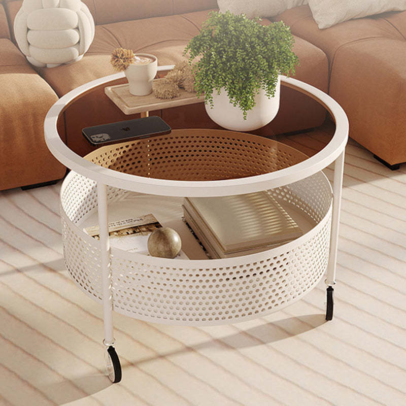 Nordic Cream Iron Glass Coffee Table 2-Tier — Black Base + Tea Color Glass