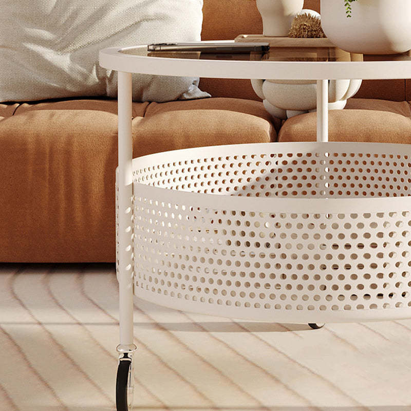 Nordic Cream Iron Glass Coffee Table 2-Tier — White Base + Frosted Stripe Glass