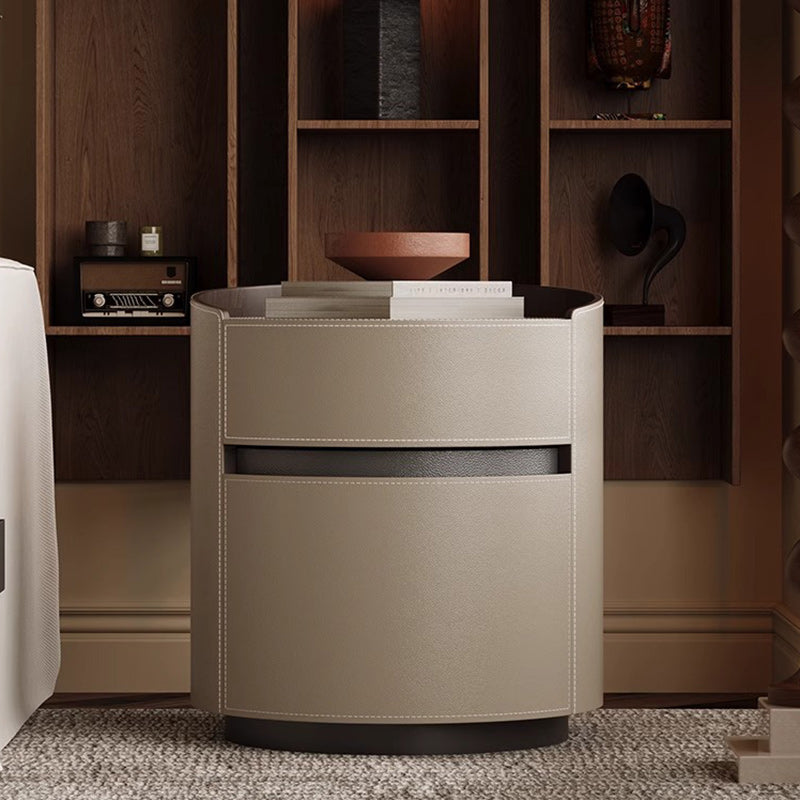Minimalist Cylinder Wood Saddle Leather Nightstand 2-Drawer — Khaki