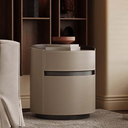 Minimalist Cylinder Wood Saddle Leather Nightstand 2-Drawer