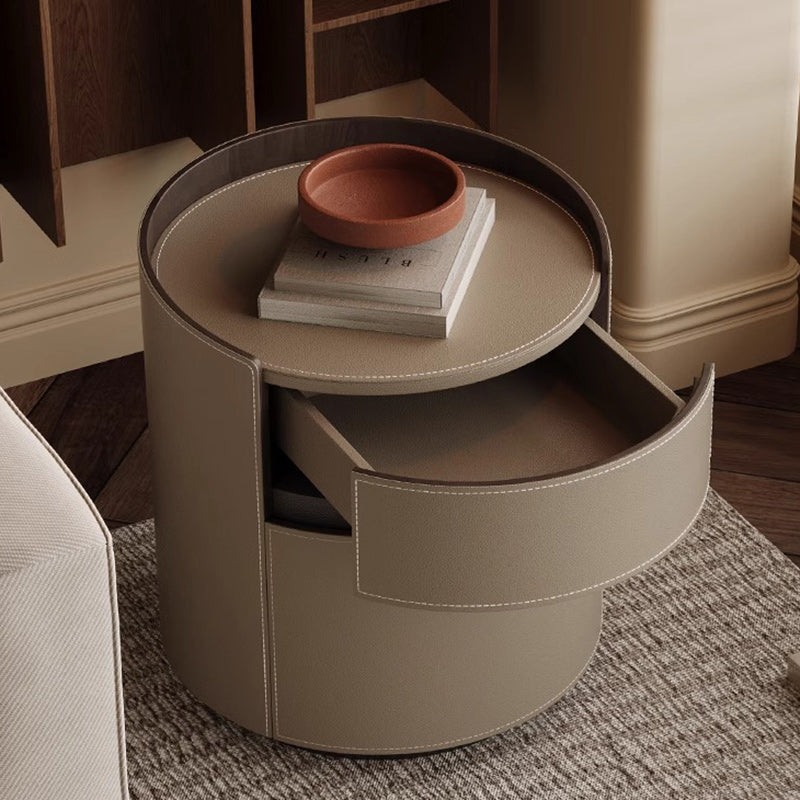 Minimalist Cylinder Wood Saddle Leather Nightstand 2-Drawer
