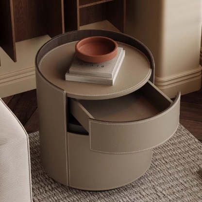 Minimalist Cylinder Wood Saddle Leather Nightstand 2-Drawer