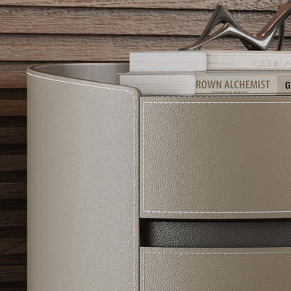 Minimalist Cylinder Wood Saddle Leather Nightstand 2-Drawer