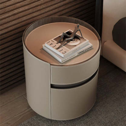 Minimalist Cylinder Wood Saddle Leather Nightstand 2-Drawer