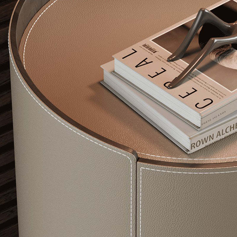 Minimalist Cylinder Wood Saddle Leather Nightstand 2-Drawer
