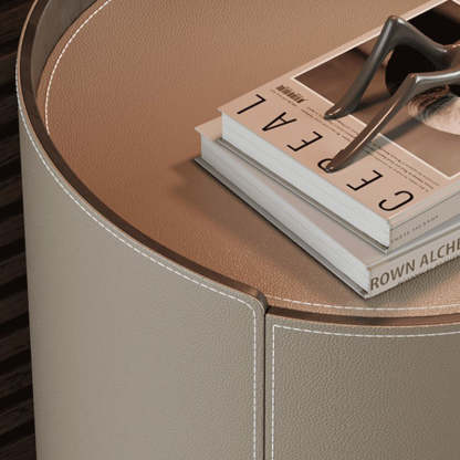 Minimalist Cylinder Wood Saddle Leather Nightstand 2-Drawer