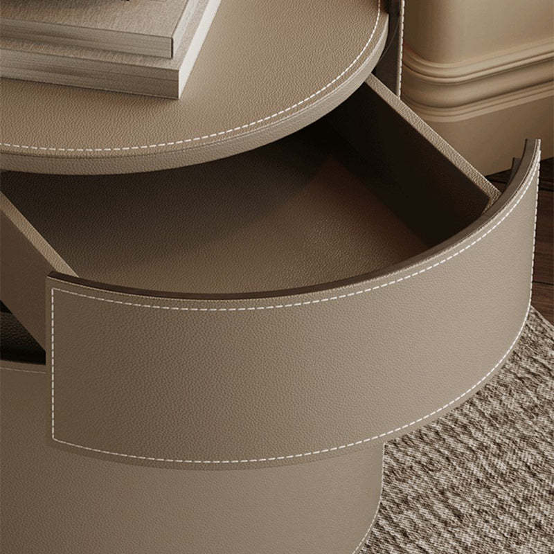 Minimalist Cylinder Wood Saddle Leather Nightstand 2-Drawer