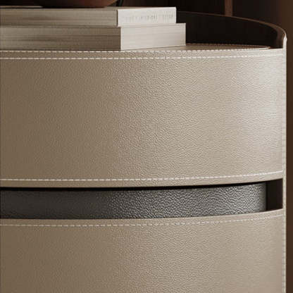 Minimalist Cylinder Wood Saddle Leather Nightstand 2-Drawer