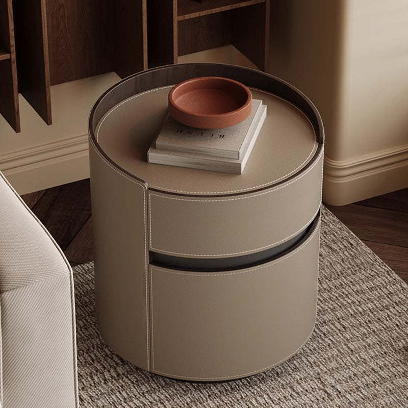 Minimalist Cylinder Wood Saddle Leather Nightstand 2-Drawer