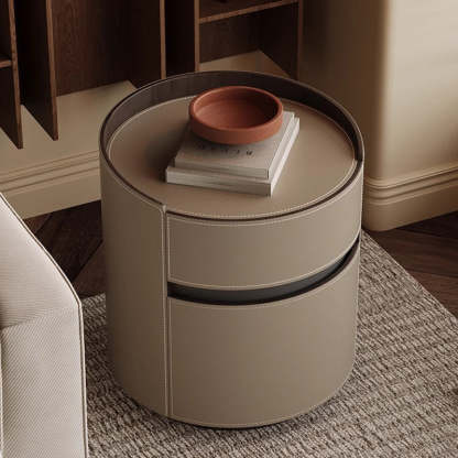 Minimalist Cylinder Wood Saddle Leather Nightstand 2-Drawer
