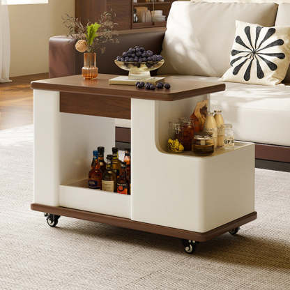 Minimalist Liftable Trapezoidal Wood Plank Side Table — Wood Color + Beige