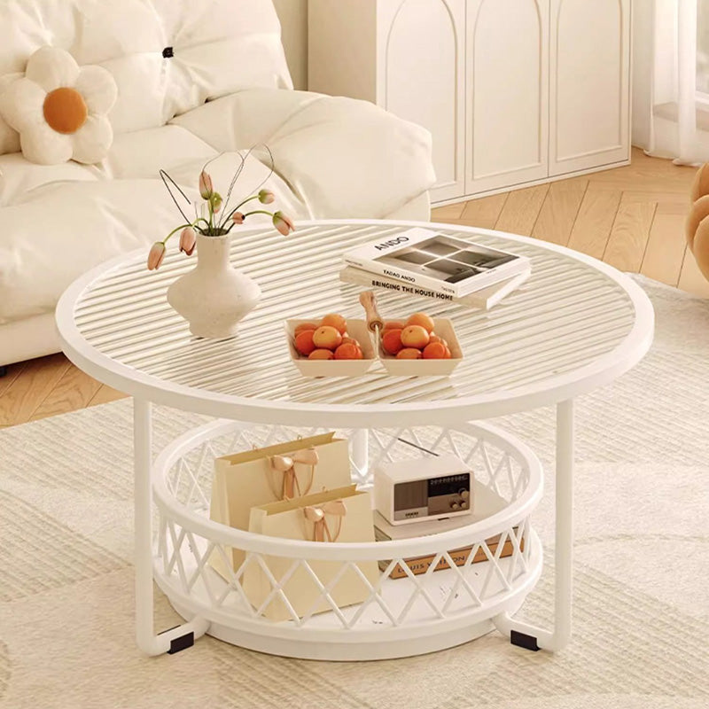 Minimalist Round Tempered Glass Iron Coffee Table — White - A