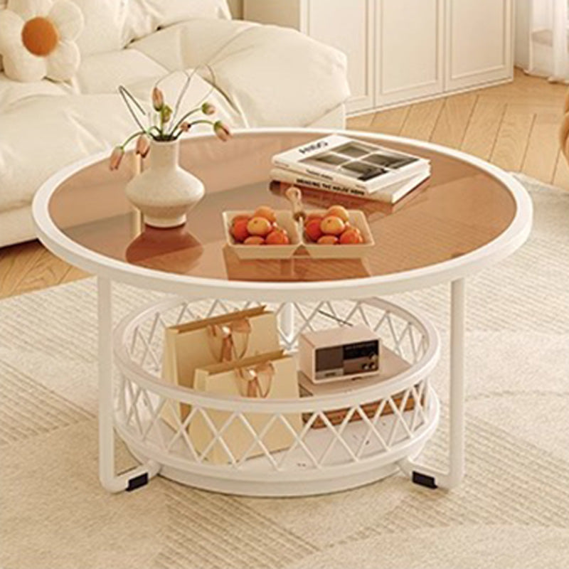 Minimalist Round Tempered Glass Iron Coffee Table — White - B