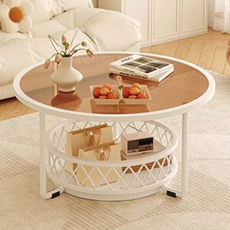 Minimalist Round Tempered Glass Iron Coffee Table — White - B