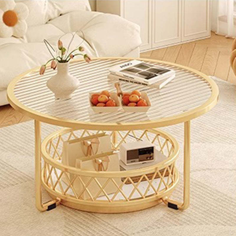 Minimalist Round Tempered Glass Iron Coffee Table — Gold - A