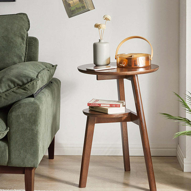 Minimalist Round Rubberwood 3-Leg Coffee Table — Walnut Color