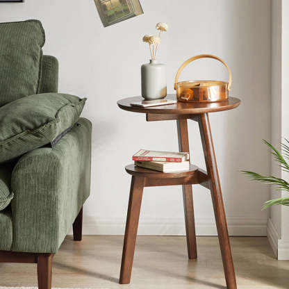 Minimalist Round Rubberwood 3-Leg Coffee Table — Walnut Color