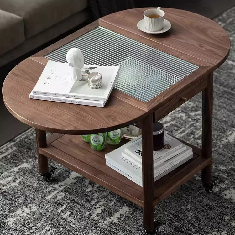 Minimalist Oval Wood Metal Glass Side Table — Black Walnut Color
