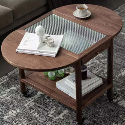 Minimalist Oval Wood Metal Glass Side Table — Black Walnut Color