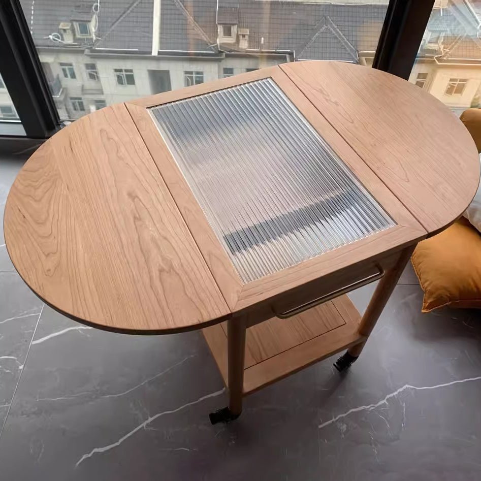 Minimalist Oval Wood Metal Glass Side Table — Cherry Color