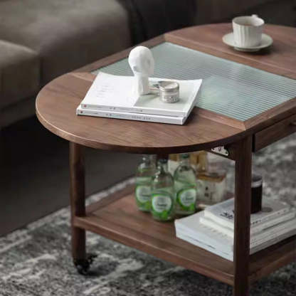 Minimalist Oval Wood Metal Glass Side Table
