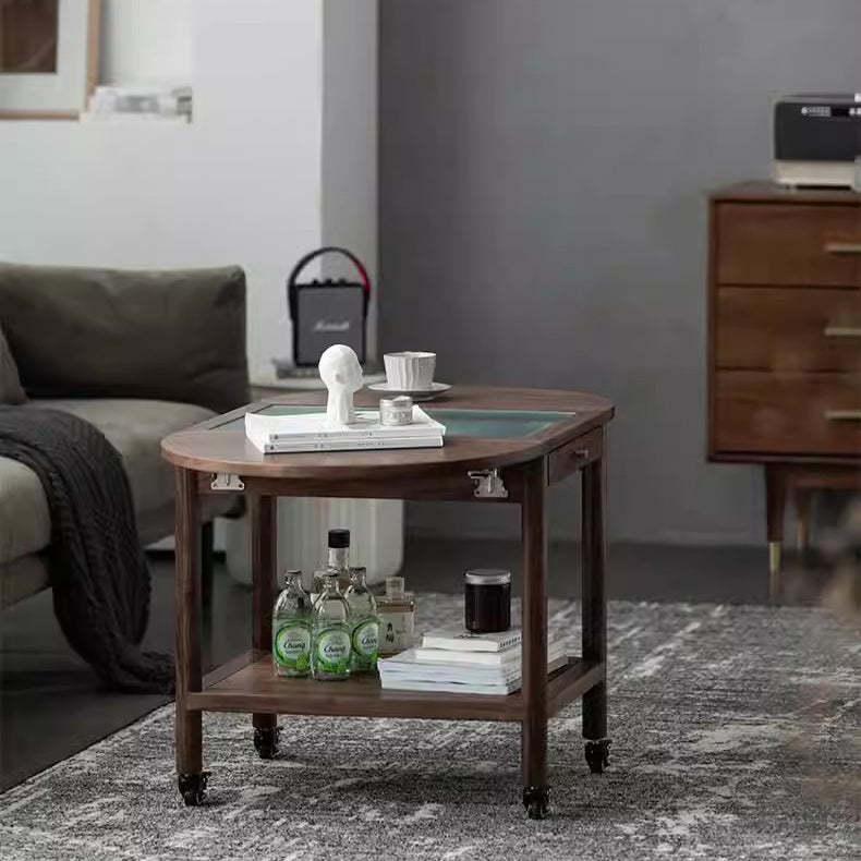 Minimalist Oval Wood Metal Glass Side Table