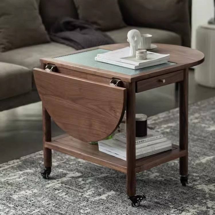 Minimalist Oval Wood Metal Glass Side Table