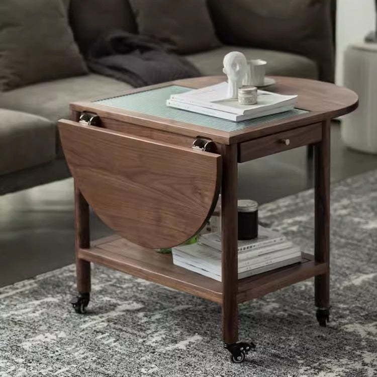 Minimalist Oval Wood Metal Glass Side Table