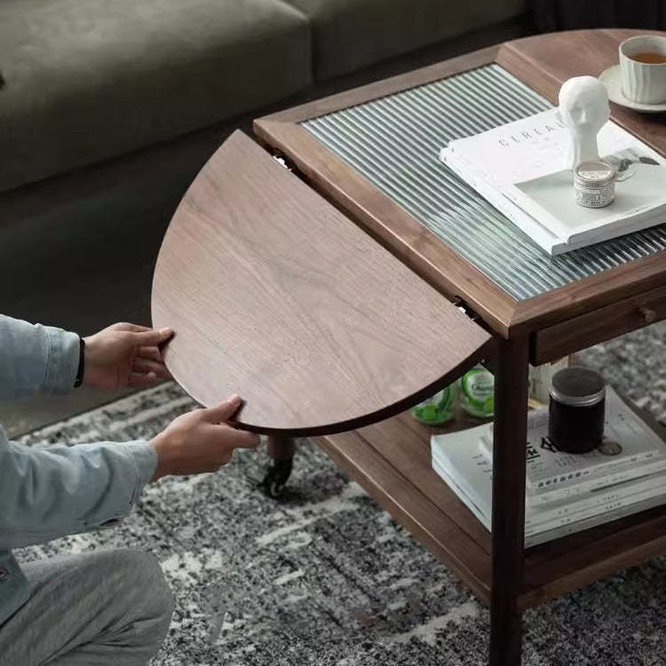 Minimalist Oval Wood Metal Glass Side Table