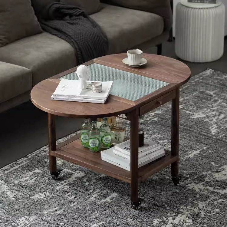 Minimalist Oval Wood Metal Glass Side Table