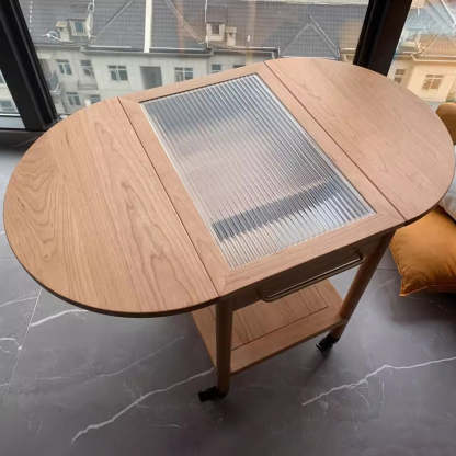 Minimalist Oval Wood Metal Glass Side Table — Cherry Color