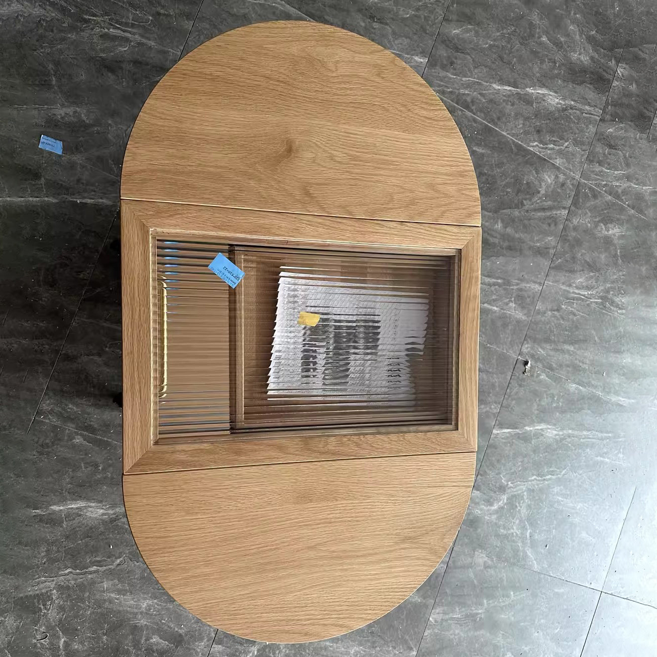 Minimalist Oval Wood Metal Glass Side Table — White Oak Color