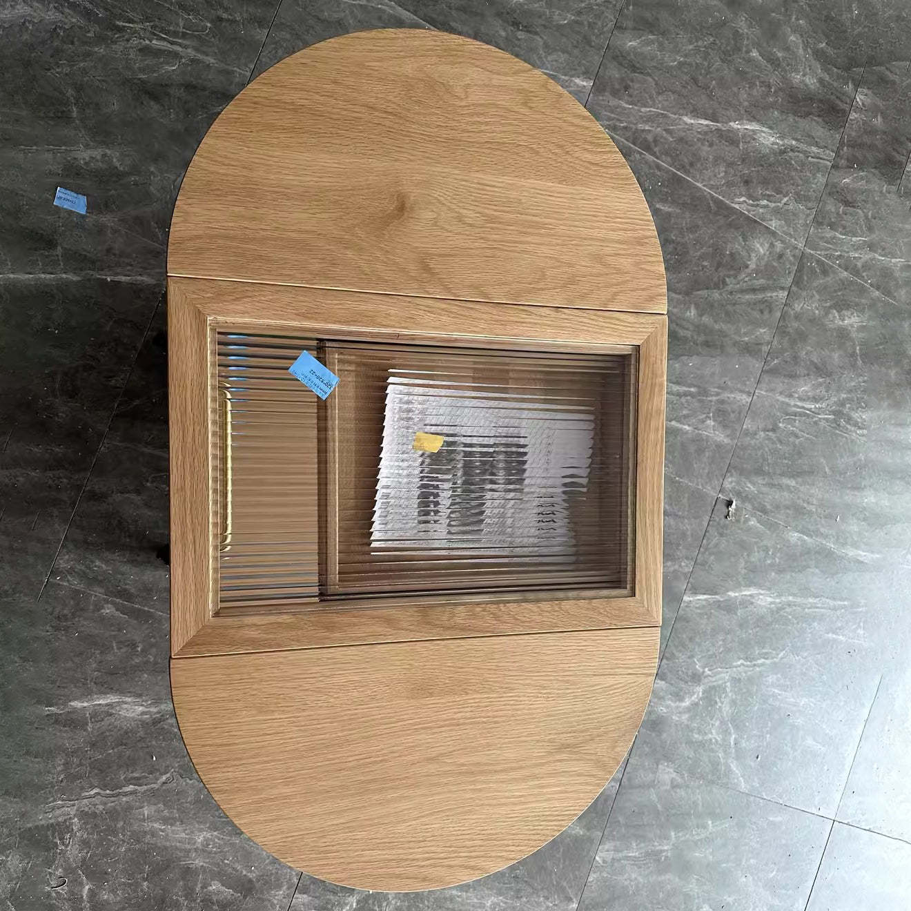 Minimalist Oval Wood Metal Glass Side Table — White Oak Color