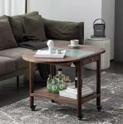 Minimalist Oval Wood Metal Glass Side Table