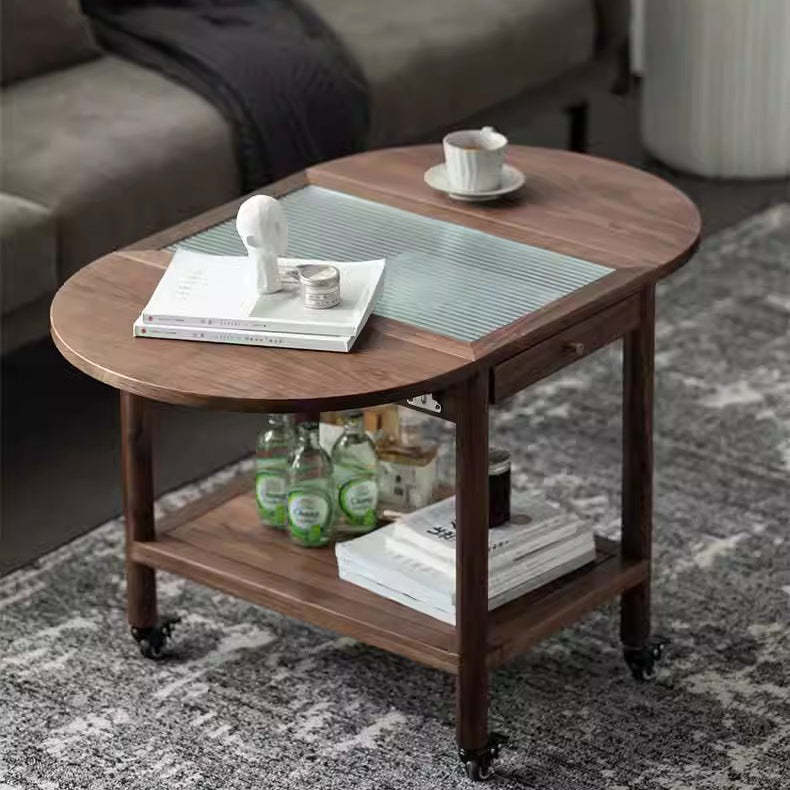 Minimalist Oval Wood Metal Glass Side Table