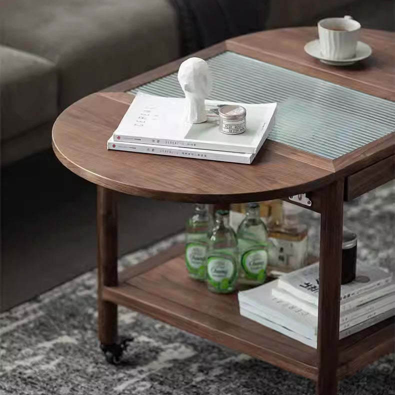 Minimalist Oval Wood Metal Glass Side Table