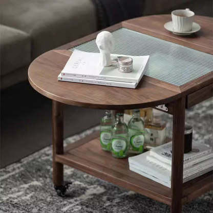 Minimalist Oval Wood Metal Glass Side Table