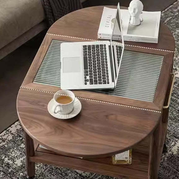 Minimalist Oval Wood Metal Glass Side Table