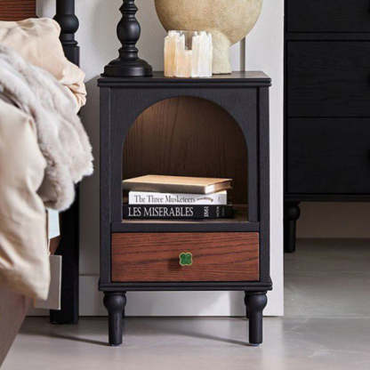 Vintage Solid Wood 1-Drawer Nightstand — Black