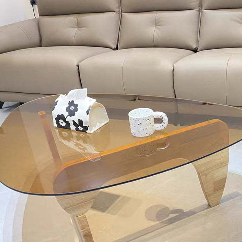 Minimalist Oval Wood Glass Tripod Coffee Table — A