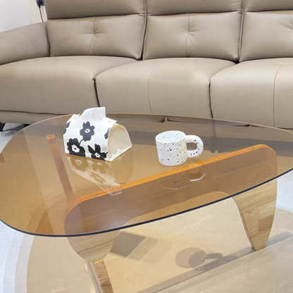Minimalist Oval Wood Glass Tripod Coffee Table — A