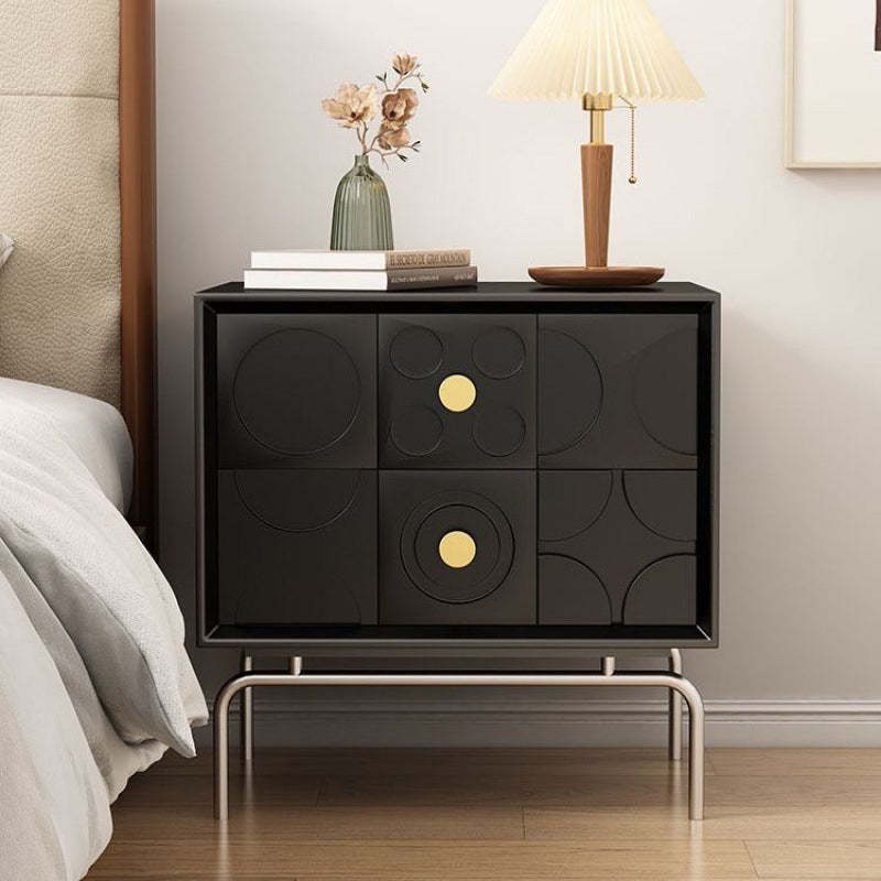 Vintage Solid Wood Rectangular Nightstand 2-Drawer — Stainless Steel - Black