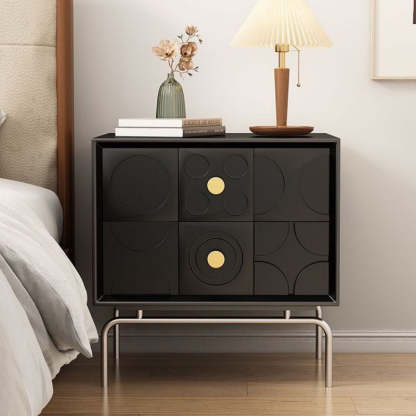 Vintage Solid Wood Rectangular Nightstand 2-Drawer — Stainless Steel - Black