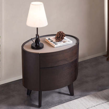 Modern Luxury Oval Solid Wood Glass Nightstand — Default - Black Walnut Color
