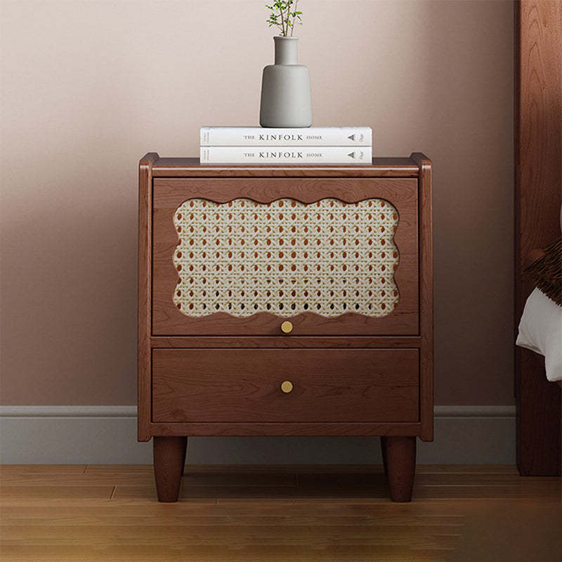 Vintage Rubberwood Rattan 1-Drawer Nightstand